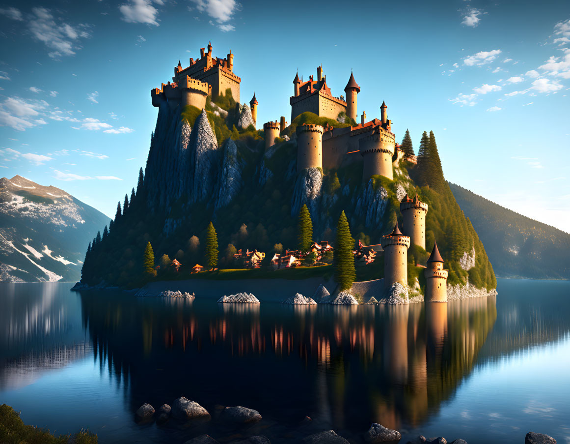 Castle on Steep Island Overlooking Calm Lake