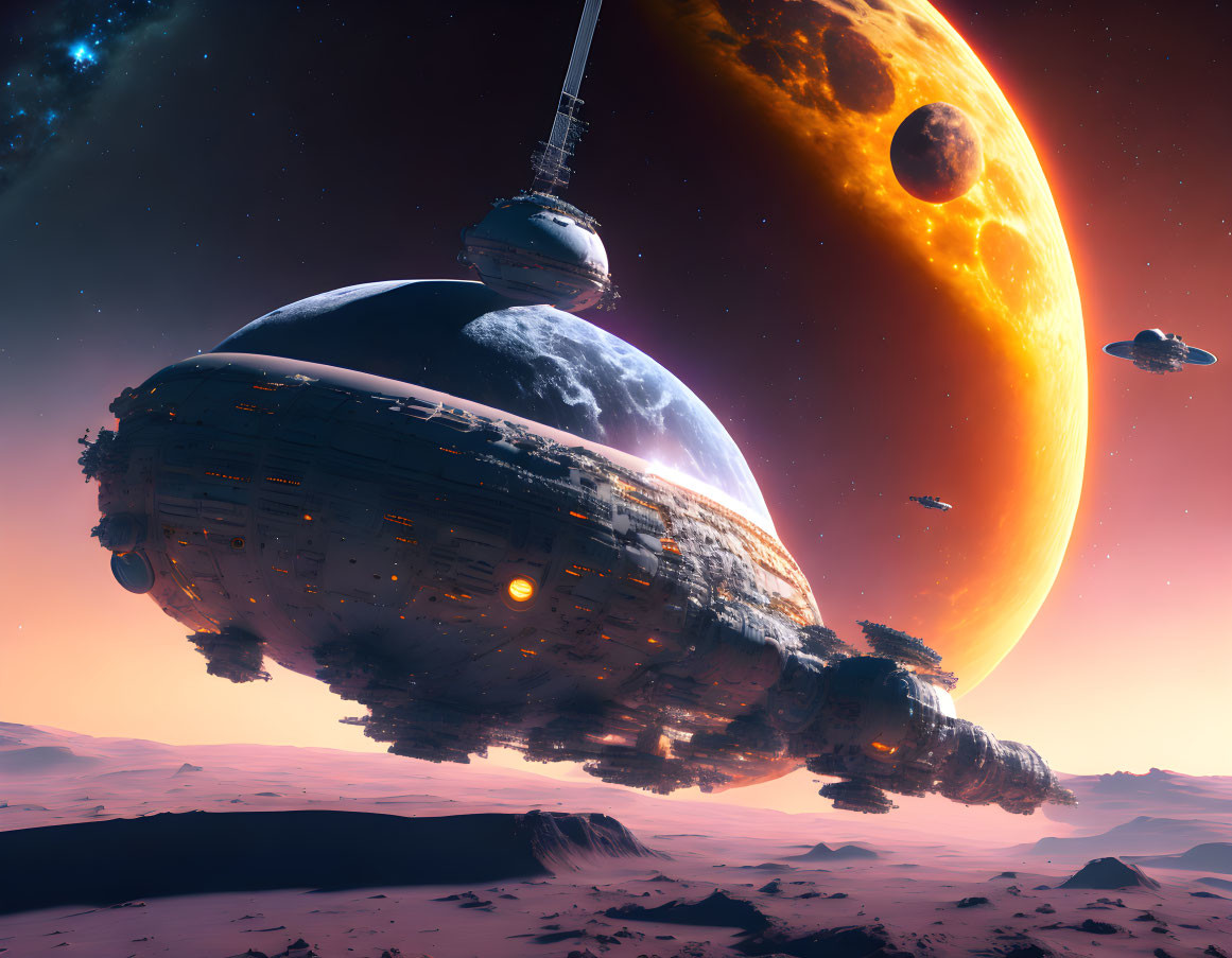 Futuristic spaceship in celestial landscape with orange planet and moon