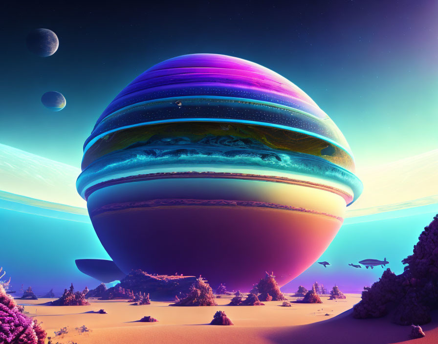 Vibrant purple desert landscape with striped planet and flying whale-like creatures