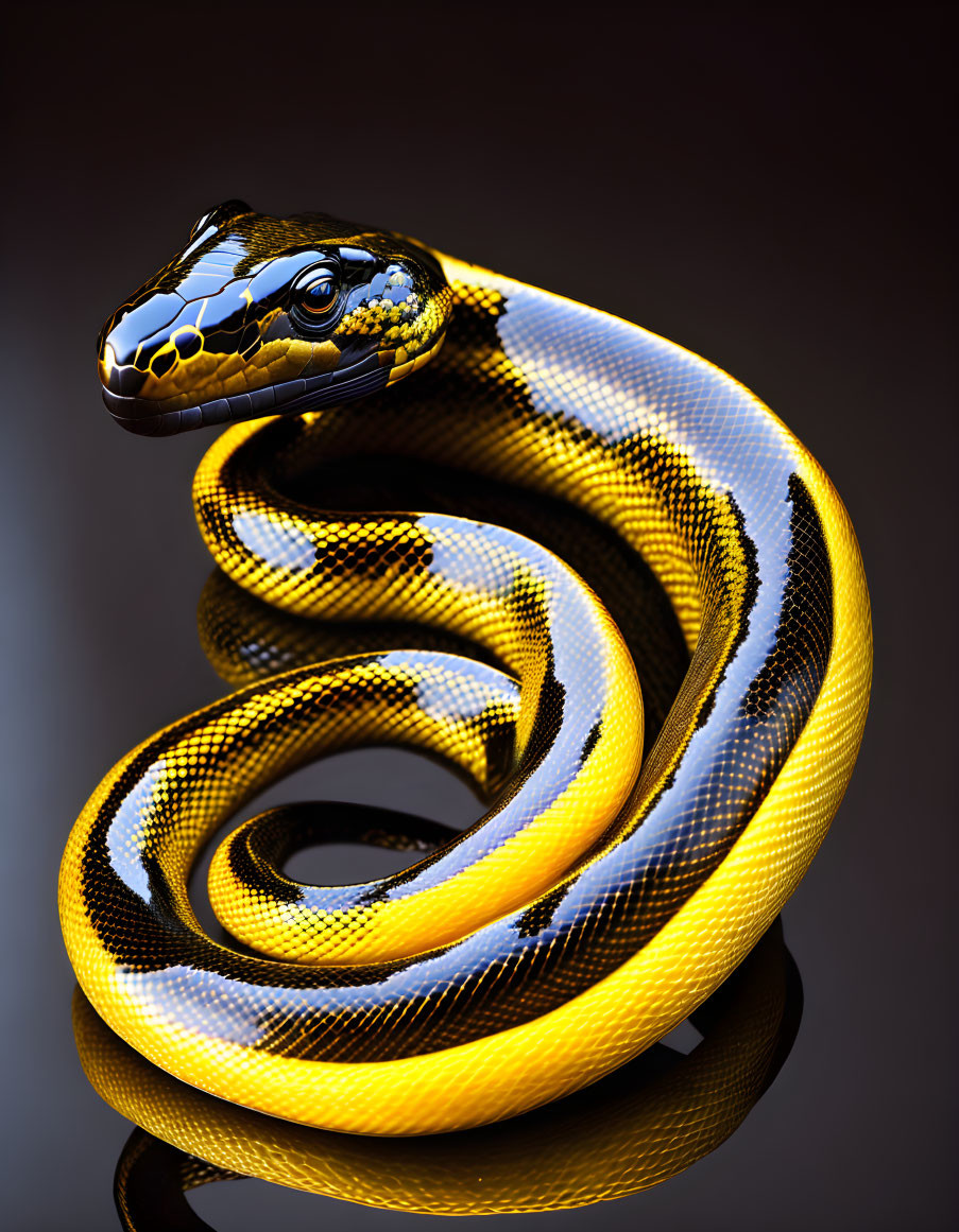Piebald Python with Black, White, and Yellow Scales on Reflective Surface