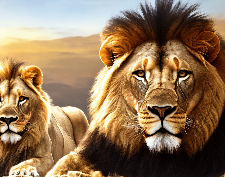 Majestic lions with thick manes resting in golden sky