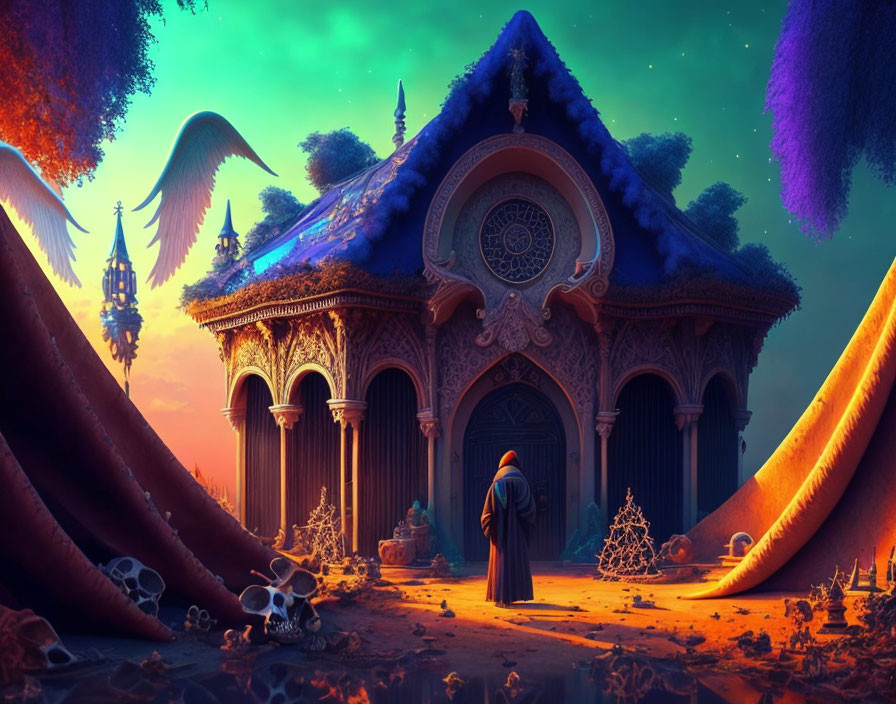 Mystical house with wing-like structures in enchanted forest at twilight