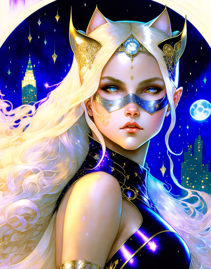 Fantasy illustration of woman with white hair, golden cat ear crown, jeweled mask, and star