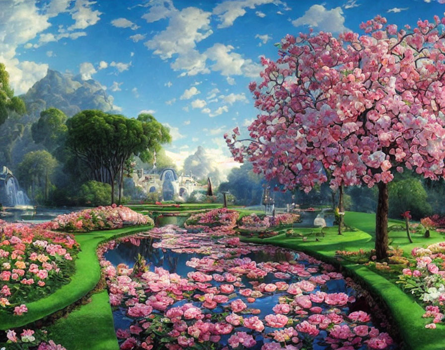 Pink Blossoming Trees in Serene Garden by River with Fountains