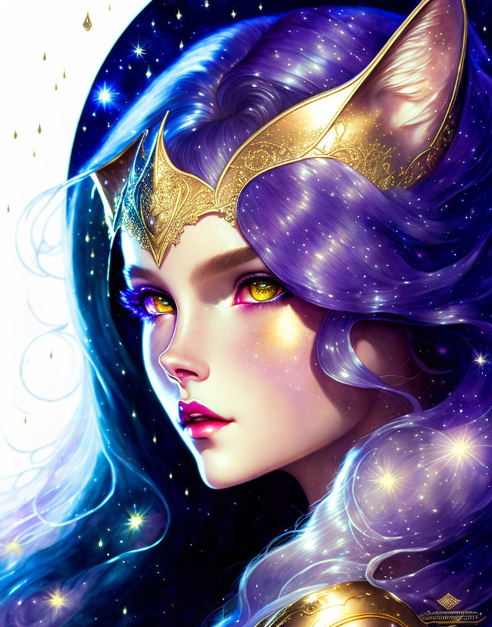 Fantasy character with purple hair, elf ears, golden crown, cosmic accents