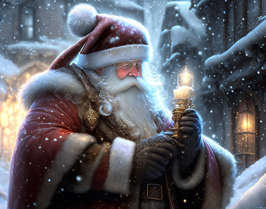 Santa Claus holding a candle in snowy scene with falling snowflakes