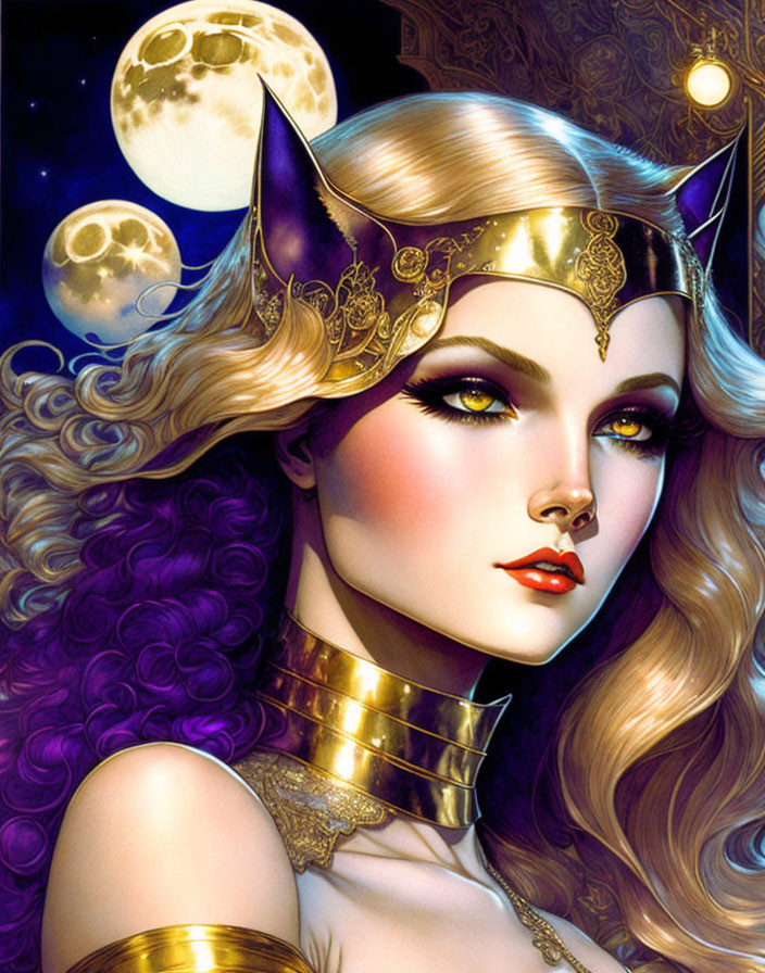 Fantastical woman with cat-themed headpiece and moonlit background