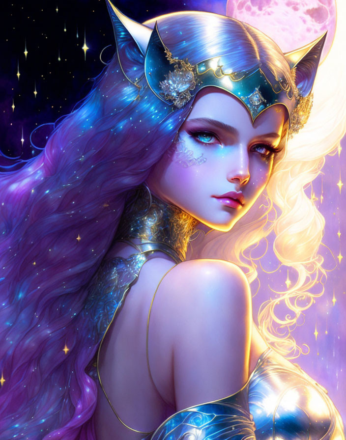 Fantasy illustration of woman with cat-like ears in cosmic setting