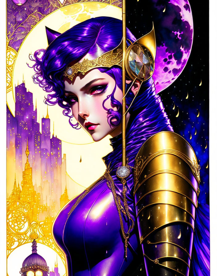 Illustration of female warrior with purple hair and gold armor in fantastical city scene.