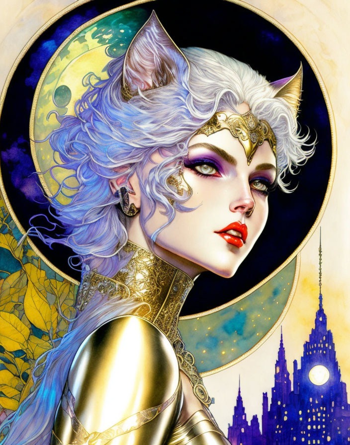 Illustrated female with feline ears and white hair against golden moon & purple cityscape