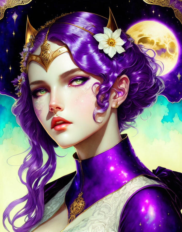 Illustration of woman with purple hair and crown in cosmic setting