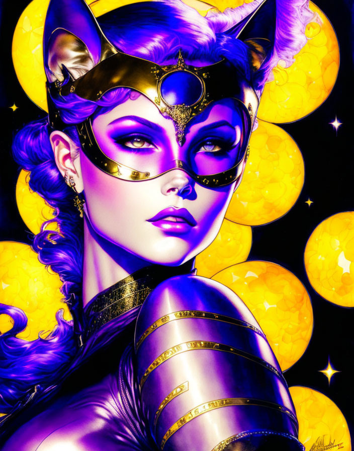 Stylized illustration of woman with purple hair and cat mask in golden accents on yellow orb background
