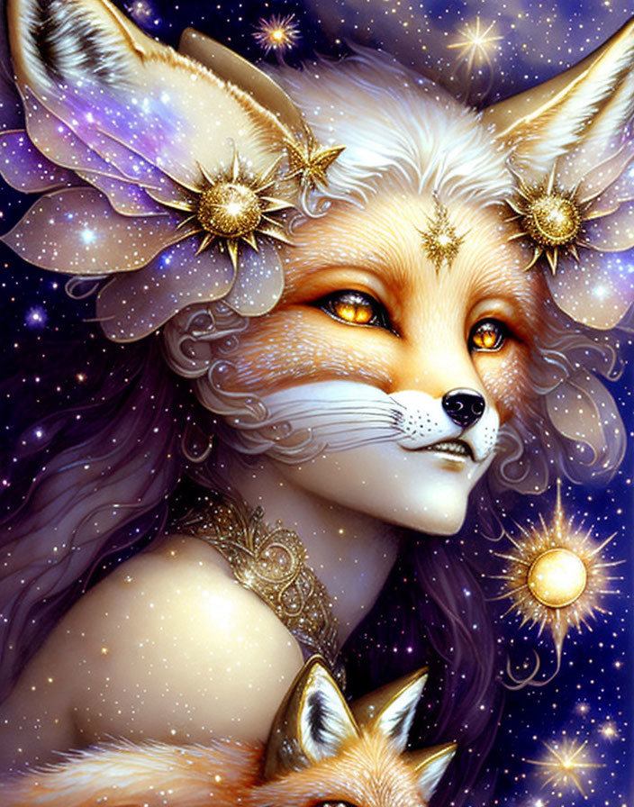 Vibrant fox illustration with golden flowers and stars on starry night backdrop