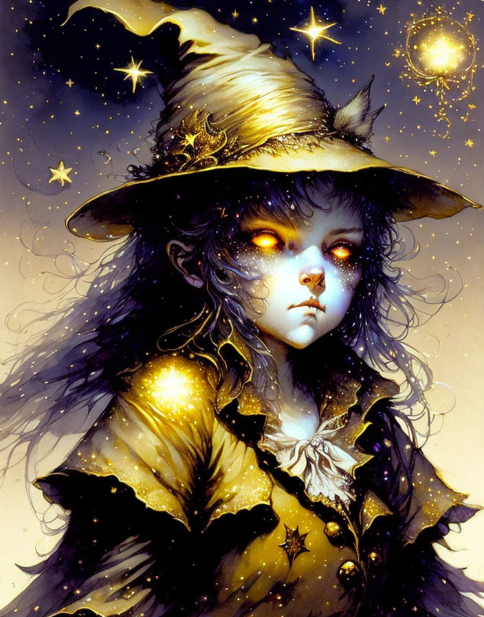Illustrated character with glowing red eyes in starry witch attire against a starlit backdrop.