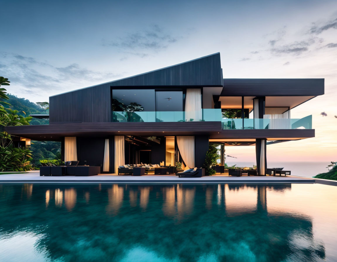 Luxury House with Large Windows, Infinity Pool, and Ocean View at Twilight
