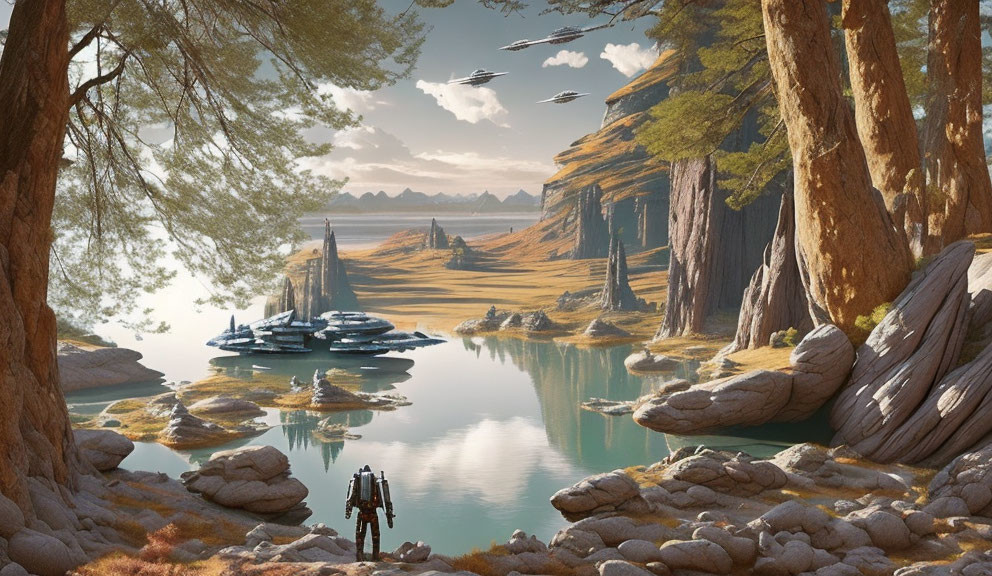 Tranquil lake surrounded by trees, rocks, futuristic buildings, ships, and a robot