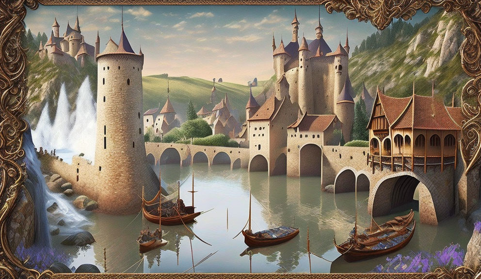Medieval castle with towers, waterfall, river, boats, and bridge in fantasy artwork.