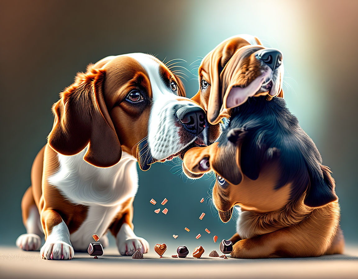 Beagle and Dachshund dogs touching noses with heart-shaped candies around