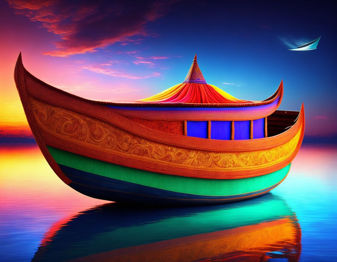 Colorful Ornate Boat Floating on Tranquil Water at Sunset