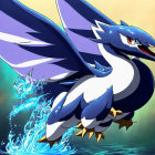 Blue and white bird-like creature with large wings in water splashes.