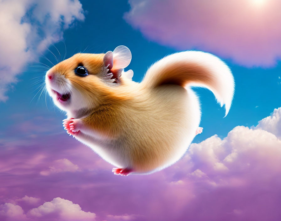 Flying hamster with translucent wings in vibrant blue sky