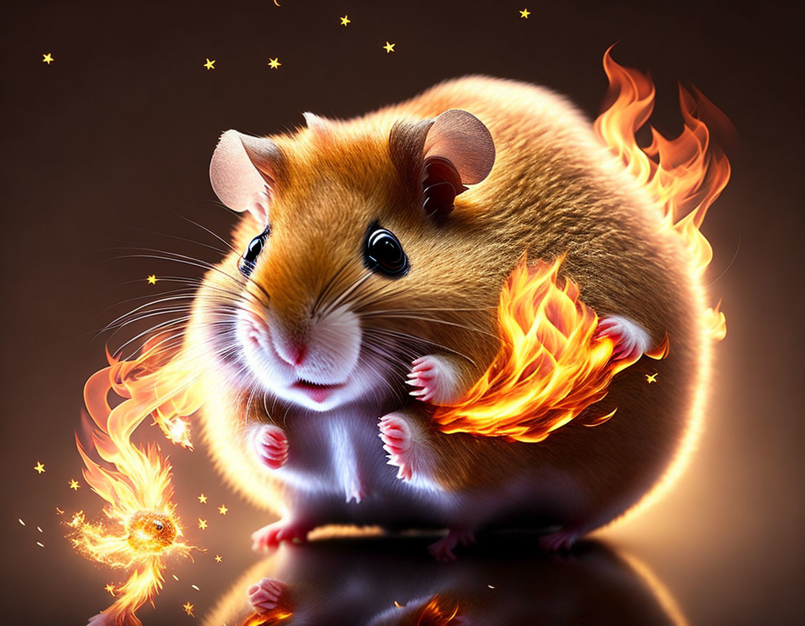 Chubby hamster with fiery fur against starry background