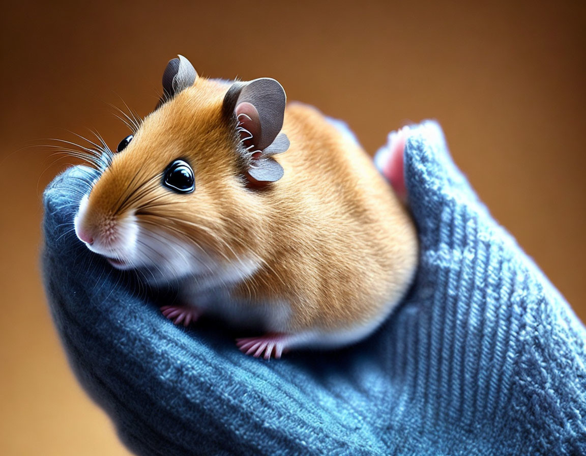 Brown and White Hamster on Blue Gloved Hand Against Brown Background