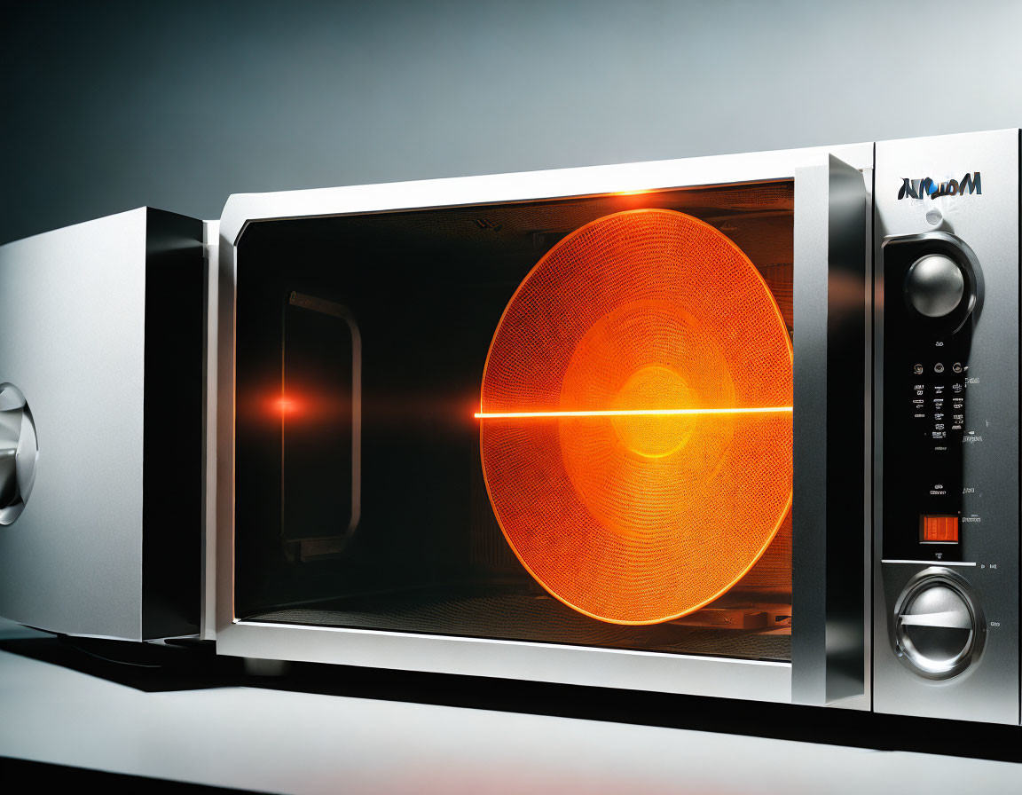 Digitally-enhanced microwave image with glowing orange sphere on grey background