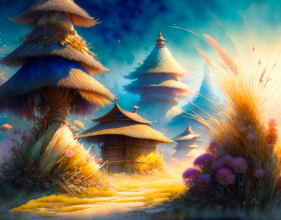 Fantasy landscape with thatched-roof structures under starry sky