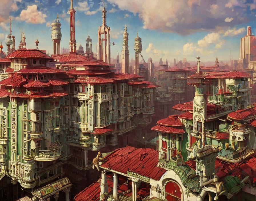 Detailed Cityscape with Ornate Buildings and Futuristic Skyline