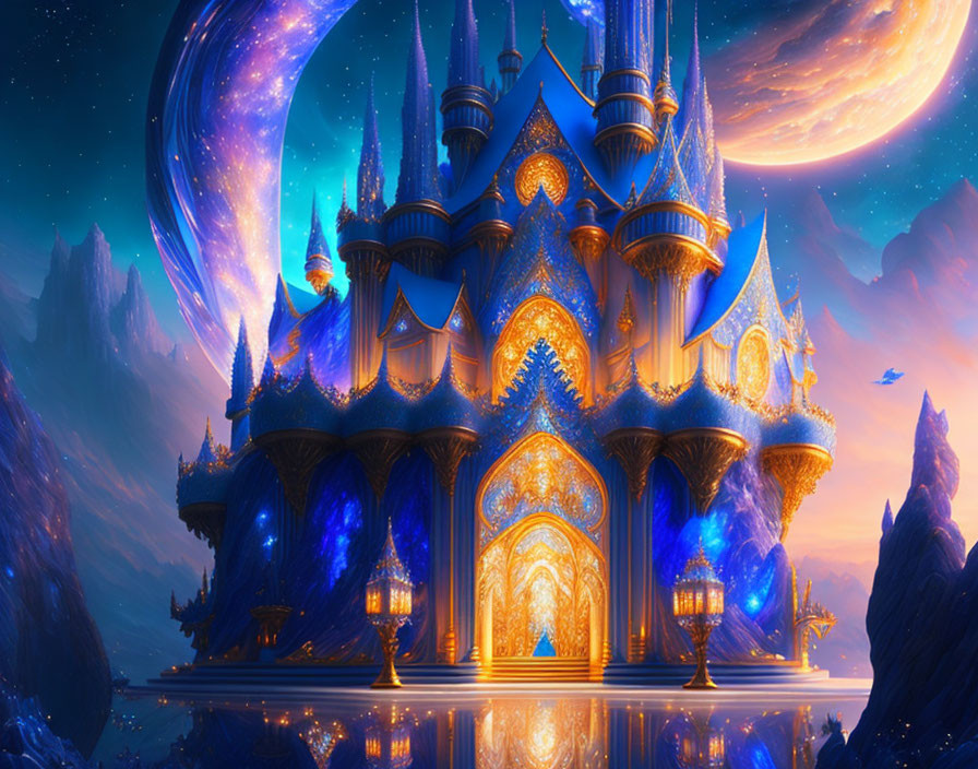 Fantasy castle with golden and blue spires in twilight sky