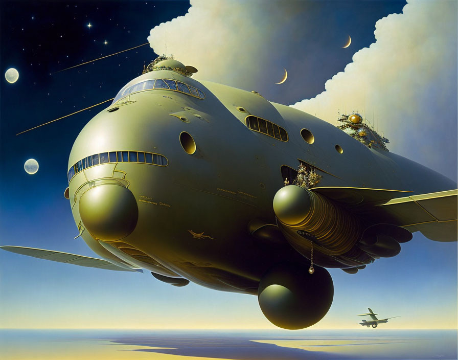 Futuristic airship with multiple decks in cloudy sky surrounded by smaller aircraft.