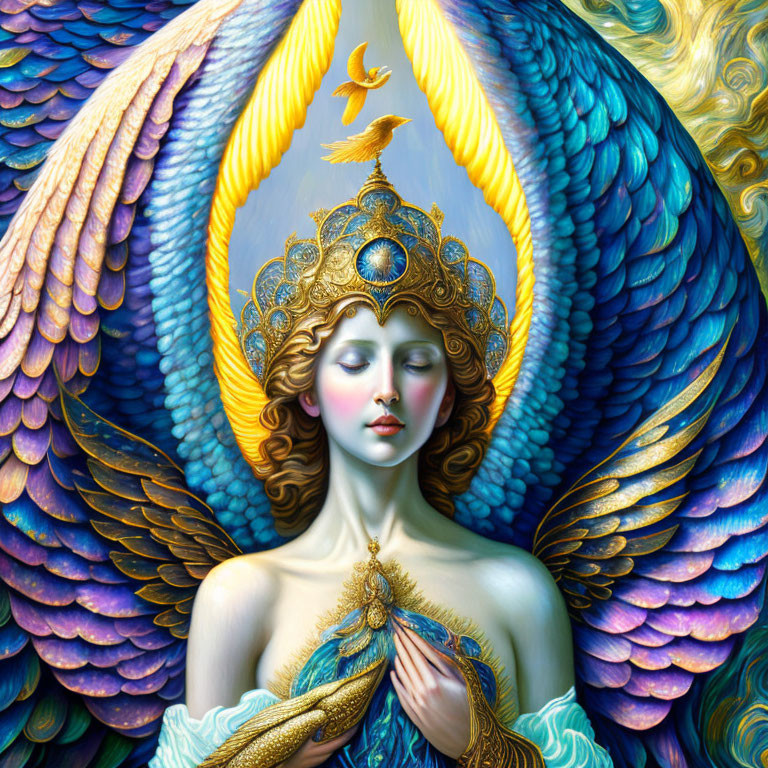 Fantastical painting of woman with ornate winged headpiece and vibrant feathered wings.