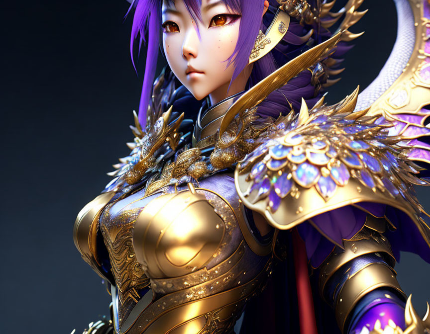 Detailed 3D illustration of female warrior in golden armor with purple hair
