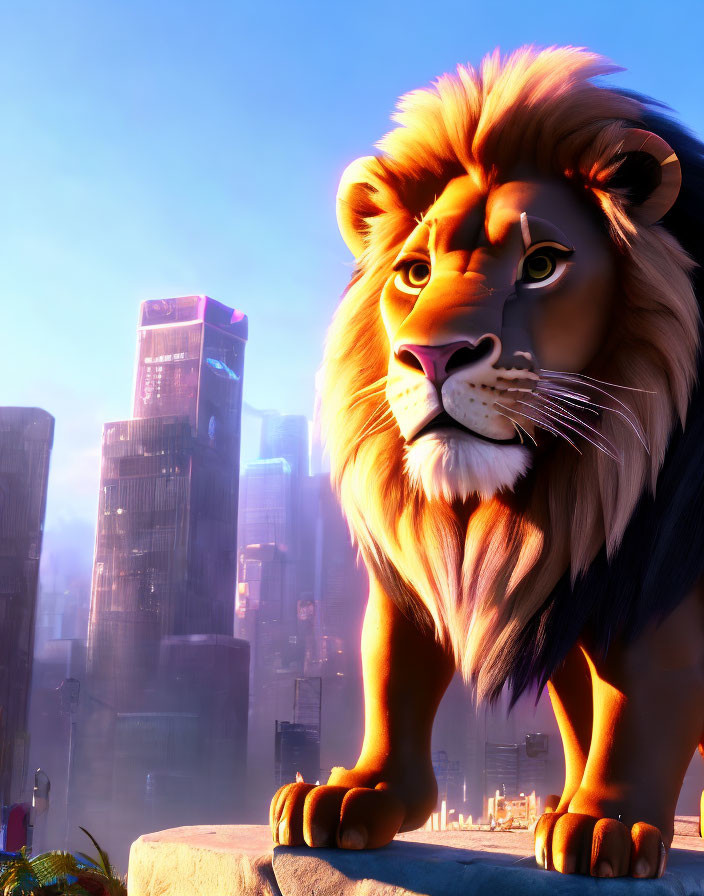 Animated lion on ledge gazes at distant cityscape in warm sunlight