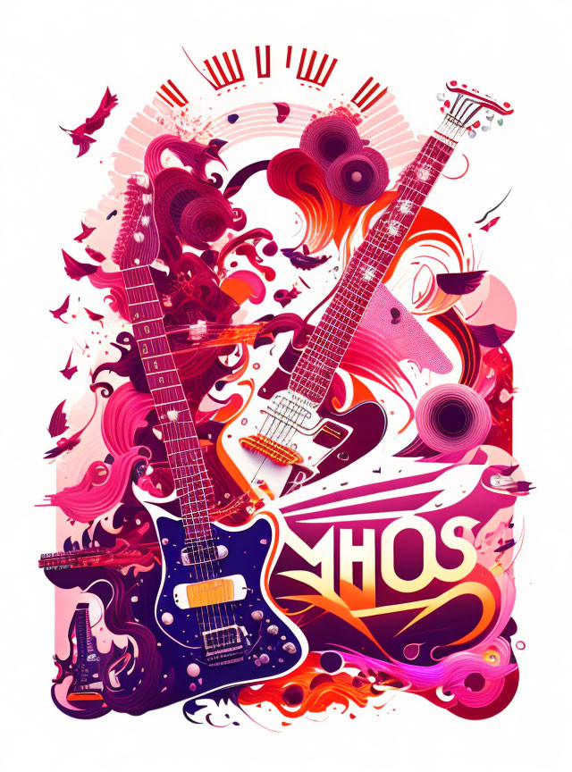 Vibrant Abstract Graphic with Electric Guitars and Musical Symbols