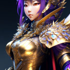 Detailed 3D illustration of female warrior in golden armor with purple hair