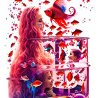 Colorful Digital Art: Woman with Red Hair and Betta Fish in Translucent Containers