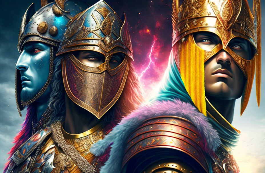 Vibrant characters in ornate armor against cosmic backdrop