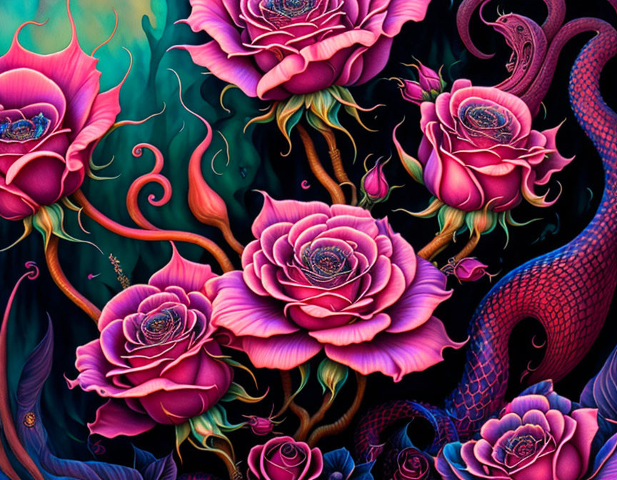 Colorful Artwork: Purple Roses with Serpentine Creatures on Dark Background