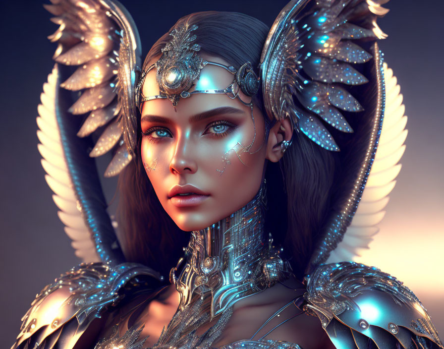 Digital artwork: Woman with angelic wings in metallic armor and headdress on moody background