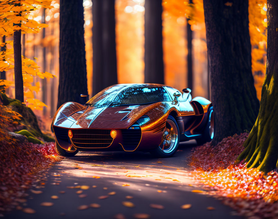 Sleek sports car in autumn forest setting