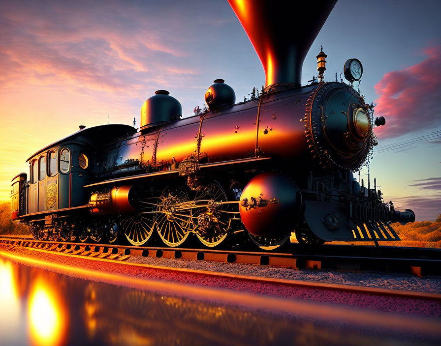 Ornate classic steam locomotive on track at sunset