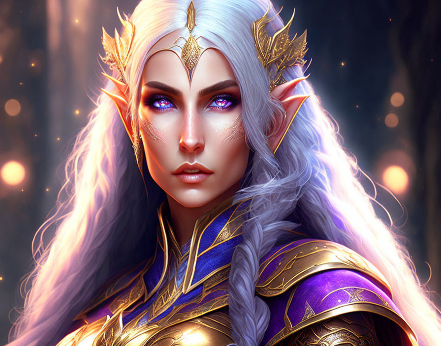 Ethereal elven woman in golden armor with purple eyes against mystical backdrop