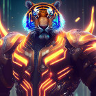 Tiger-headed humanoid in futuristic armor on cybernetic background