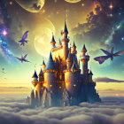 Fantastical castle with spires in cosmic sky.