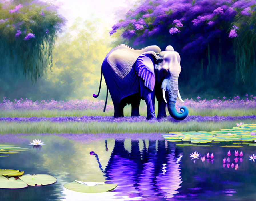 Purple Elephant in Mystical Landscape with Lotus Flowers and Water