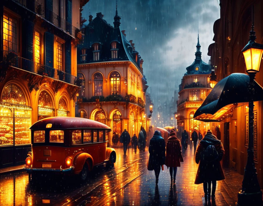 Vintage bus and pedestrians on rain-drenched cobblestone street at twilight