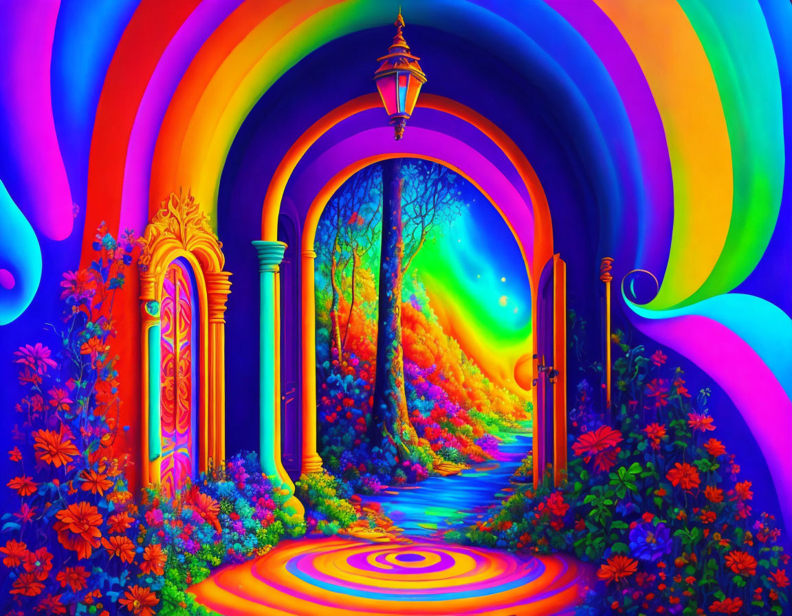Colorful Fantasy Landscape with Rainbow Door and Magical Forest Path