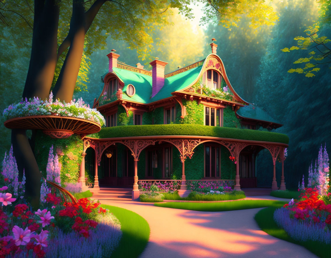 Victorian house with ivy and gardens in golden sunlight